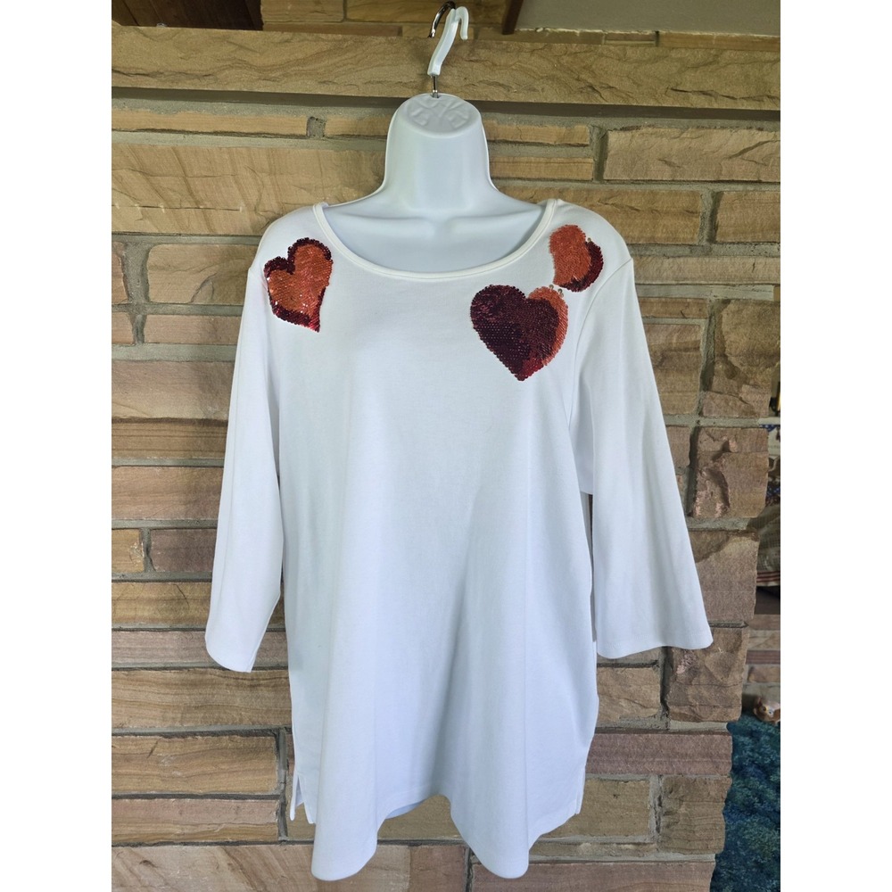 Quacker Factory XL White Hearts Valentines Flip Sequin 3/4 Sleeve Blouse Top